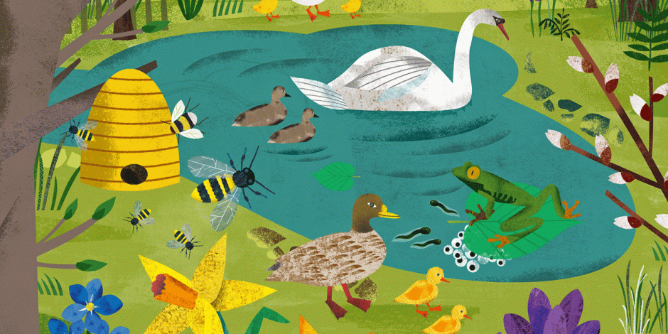 Teich mit Tieren im Frühling