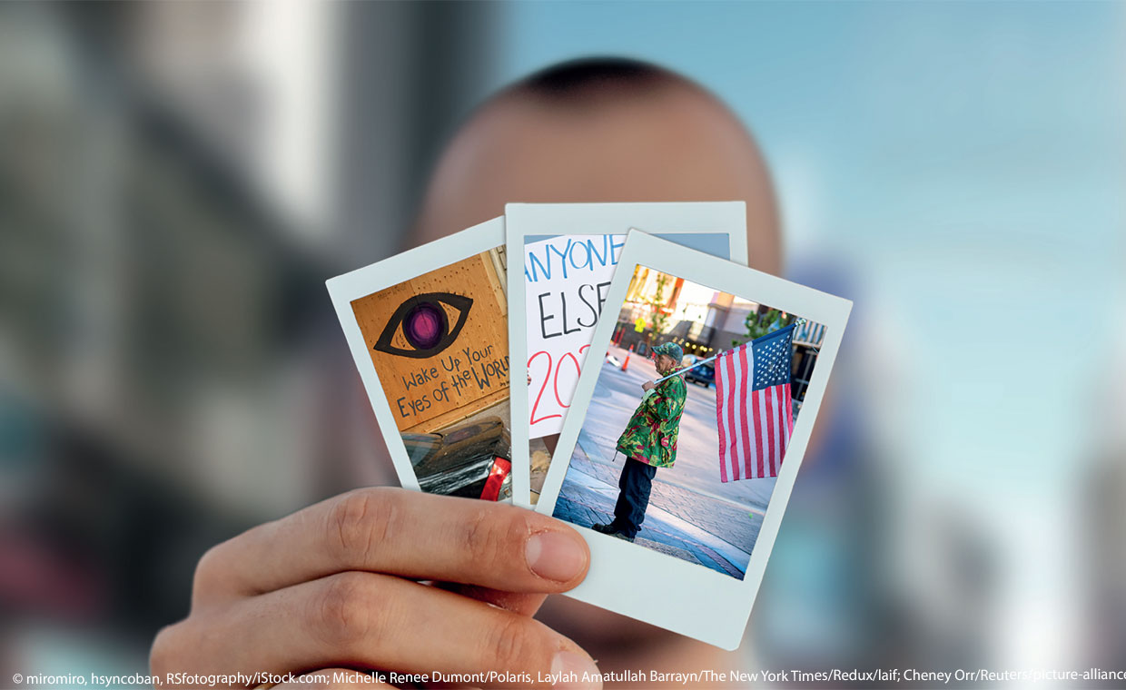 Person hält drei Polaroids mit Bildern aus den USA in die Kamera