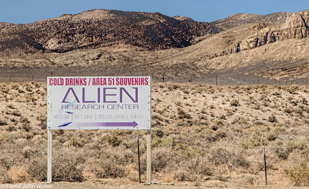 A sign points the way  to an important stop along the Extraterrestrial Highway