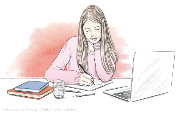 Illustration: Mädchen arbeitet mit Büchern und Laptop