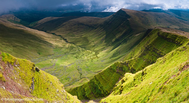 erdant valleys dramatic escarpments, Brecon Beacons, Wales 