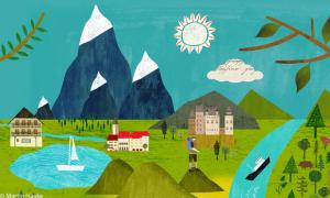 Illustration: Landschaft mi Bergen und Fluss