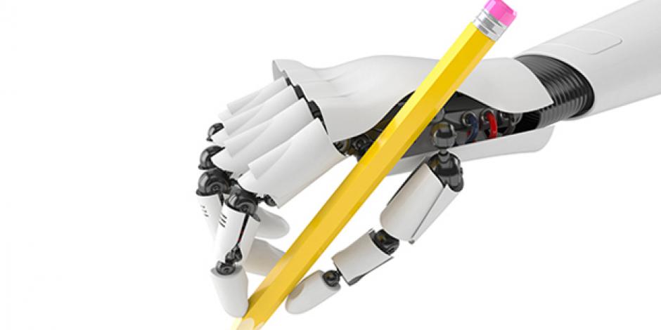 Roboter Hand mit Bleistift.