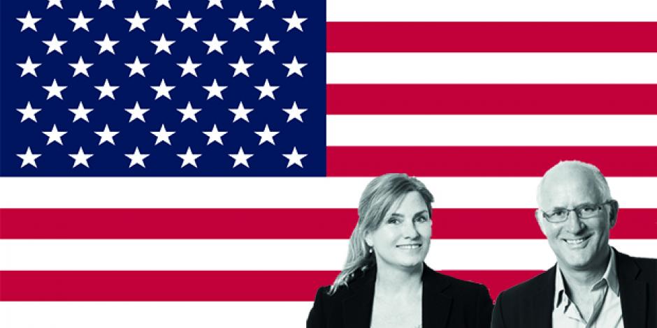 Ian McMaster und Claudine Weber-Hof vor Amerikaflagge