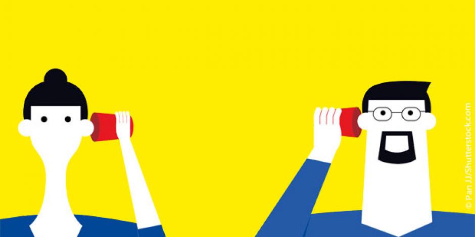 Illustration: Figuren horchen an Dosen