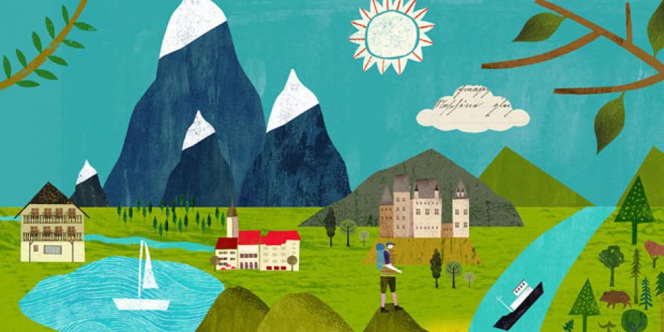 Illustration: Landschaft mi Bergen und Fluss