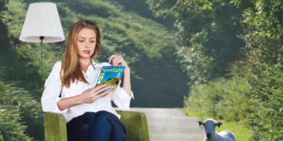 Frau liest in einem Sessel vor einer Stehlampe in einer grünen Landschaft