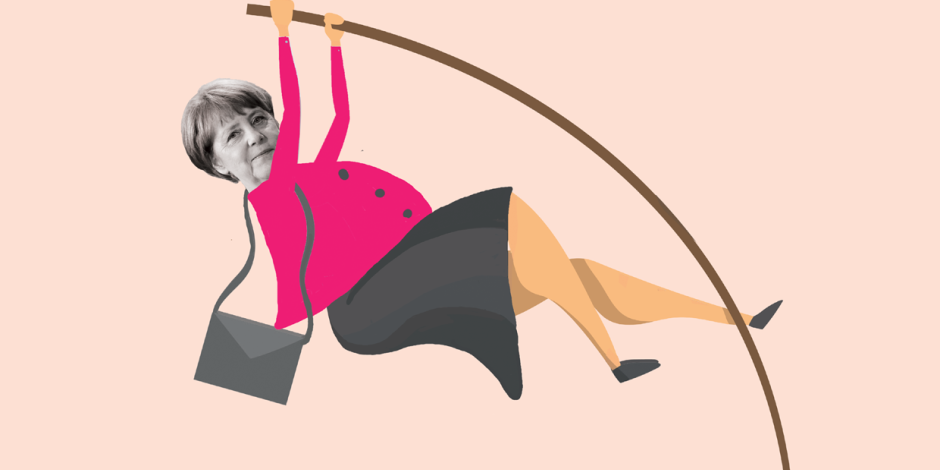 Illustration: Figur mit Kopf von Angela Merkel beim Stabhochsprung