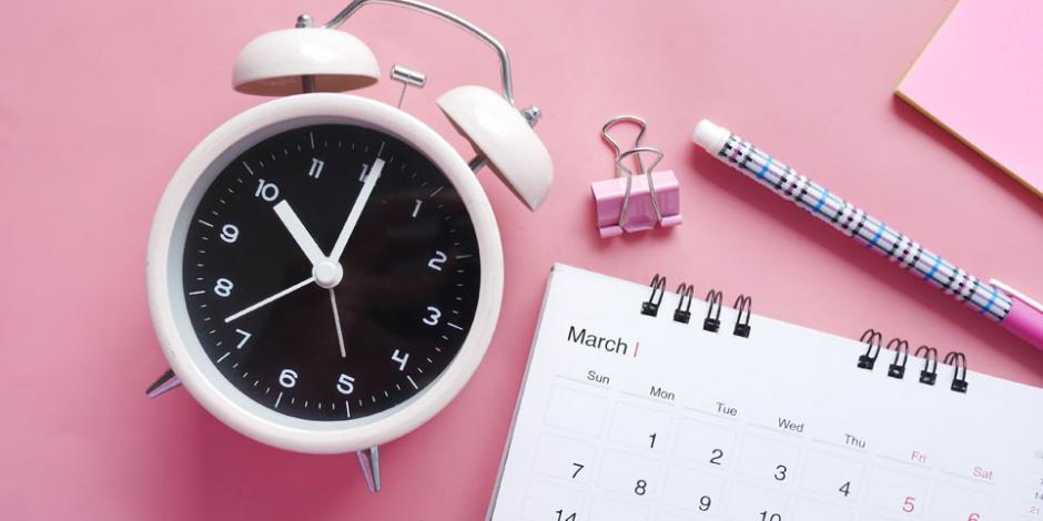 clock, calendar, pen and clip