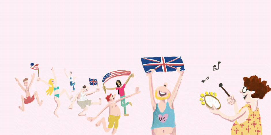 Illustration: Tanzende Personen bei Englischkurs