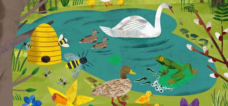 Teich mit Tieren im Frühling