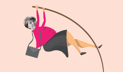 Illustration: Figur mit Kopf von Angela Merkel beim Stabhochsprung
