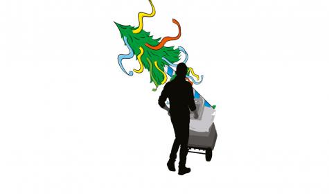 Silhouette of a man delivering a Christmas tree