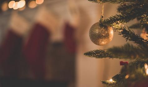 Christmas tree, stockings, lights