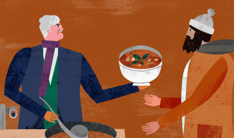 Zwei Männer mit einer Schüssel Suppe